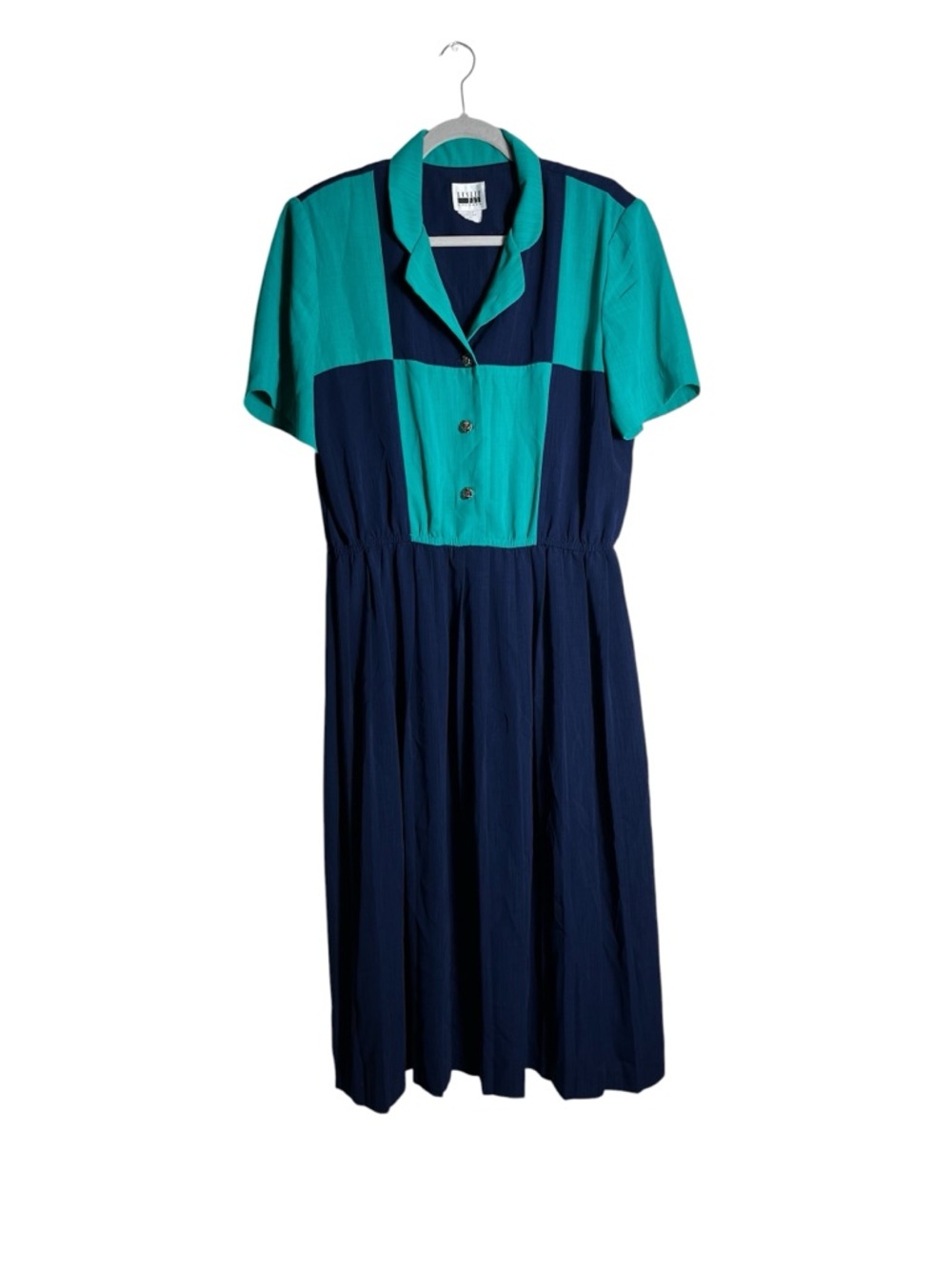 Vintage Womens Midi Dress Size 16 Blue Green Colorblock Button Front